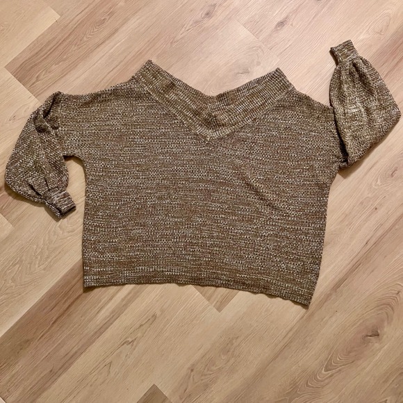 ZENANA Womens Knit Wide Sweater Brown White Speckled V Neck Balloon Sleeve L - Picture 2 of 6